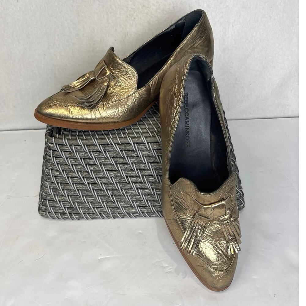Rebecca Minkoff Edie Loafers Women's 8 Gold Metallic Tassel Heeled Leather